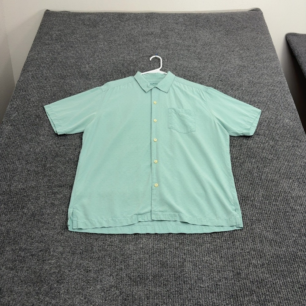 Tommy Bahama Shirt Mens XL Green Silk Textured Short Sleeve Button Down Casual